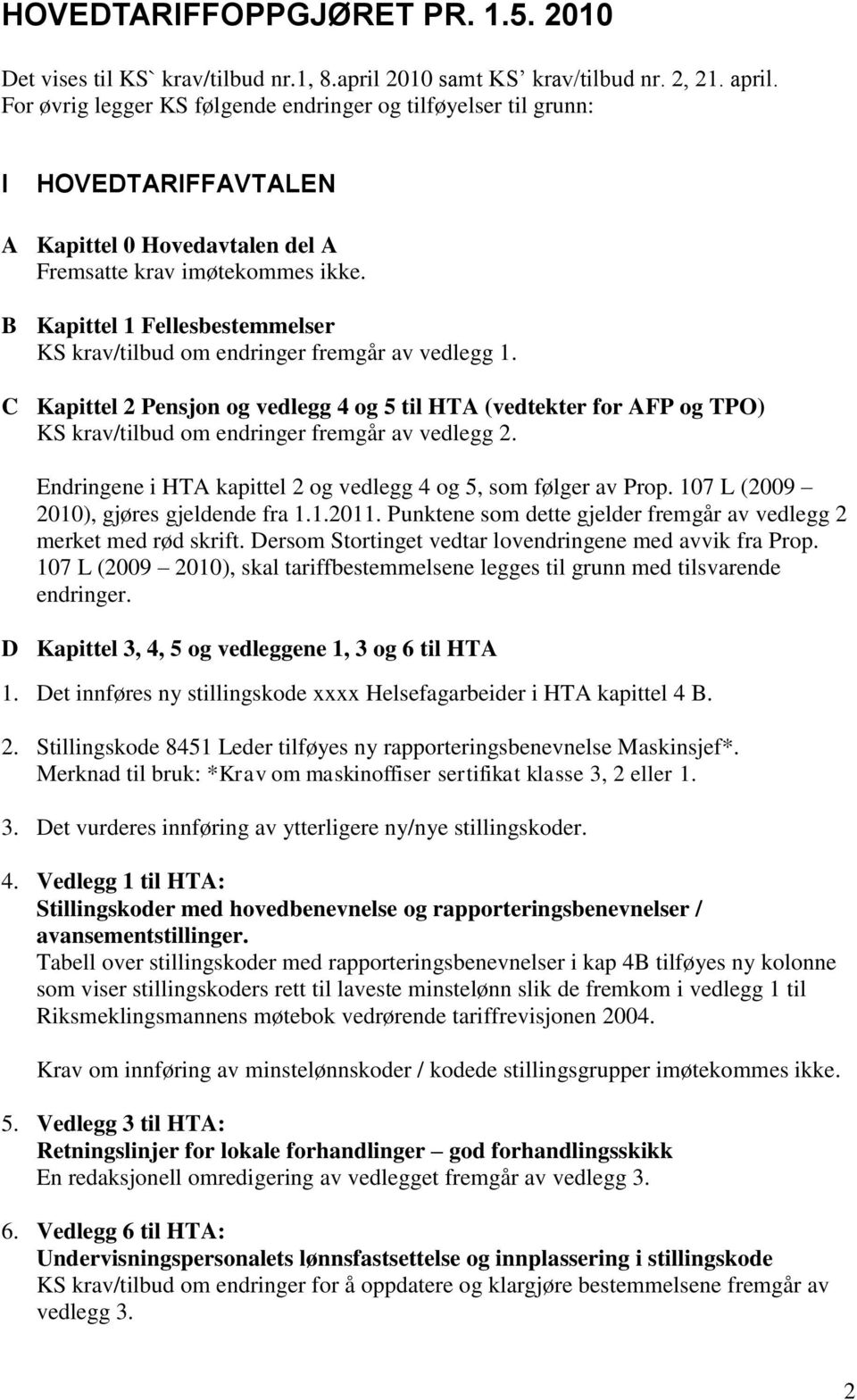 B Kapittel 1 Fellesbestemmelser KS krav/tilbud om endringer fremgår av vedlegg 1.