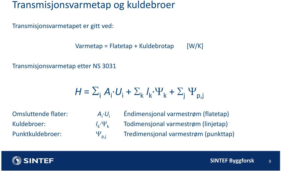 Omsluttende flater: A i U i Éndimensjonal varmestrøm (flatetap) Kuldebroer: l k k