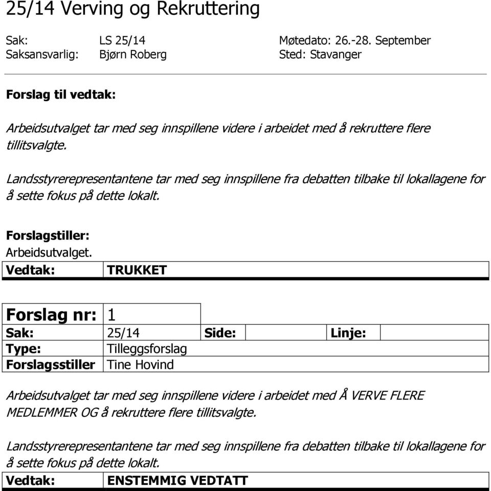 Landsstyrerepresentantene tar med seg innspillene fra debatten tilbake til lokallagene for å sette fokus på dette lokalt. Forslagstiller: Arbeidsutvalget.