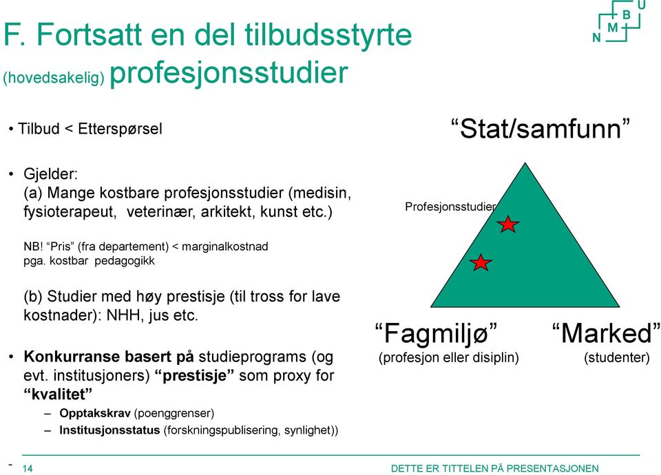 kostbar pedagogikk (b) Studier med høy prestisje (til tross for lave kostnader): NHH, jus etc. Konkurranse basert på studieprograms (og evt.