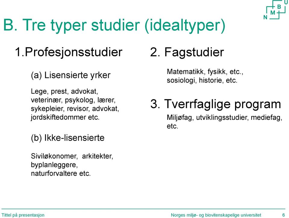 advokat, jordskiftedommer etc. (b) Ikke-lisensierte 2. Fagstudier Matematikk, fysikk, etc., sosiologi, historie, etc.