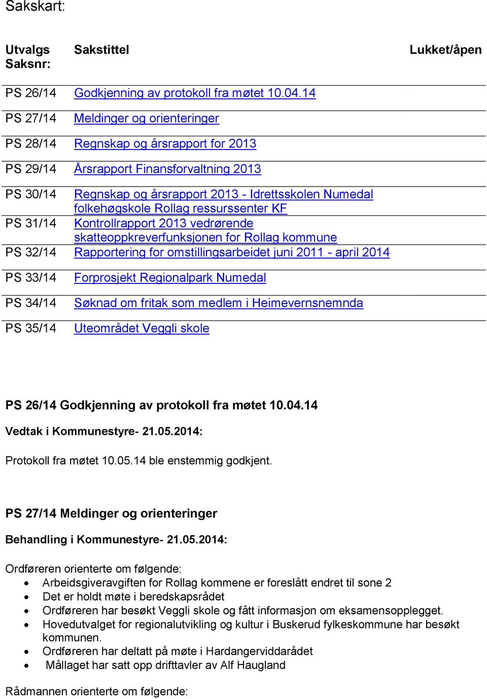 Rollag ressurssenter KF PS 31/14 Kontrollrapport 2013 vedrørende skatteoppkreverfunksjonen for Rollag kommune PS 32/14 Rapportering for omstillingsarbeidet juni 2011 - april 2014 PS 33/14 PS 34/14 PS