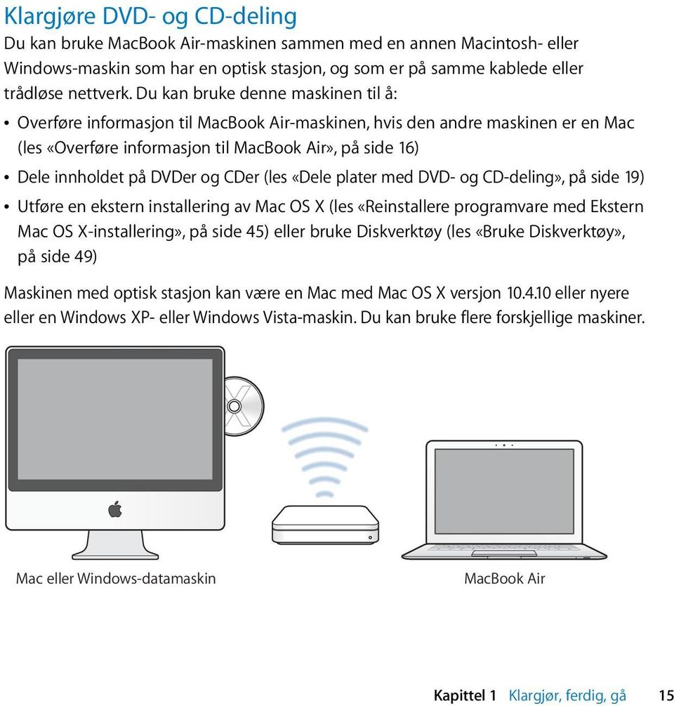 DVDer og CDer (les «Dele plater med DVD- og CD-deling», på side 19) Â Utføre en ekstern installering av Mac OS X (les «Reinstallere programvare med Ekstern Mac OS X-installering», på side 45) eller