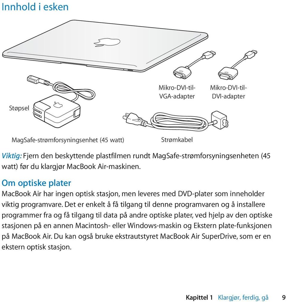 Om optiske plater MacBook Air har ingen optisk stasjon, men leveres med DVD-plater som inneholder viktig programvare.