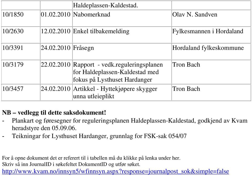 - Plankart og føresegner for reguleringsplanen Haldeplassen-Kaldestad, godkjend av Kvam heradstyre den 05.09.06.
