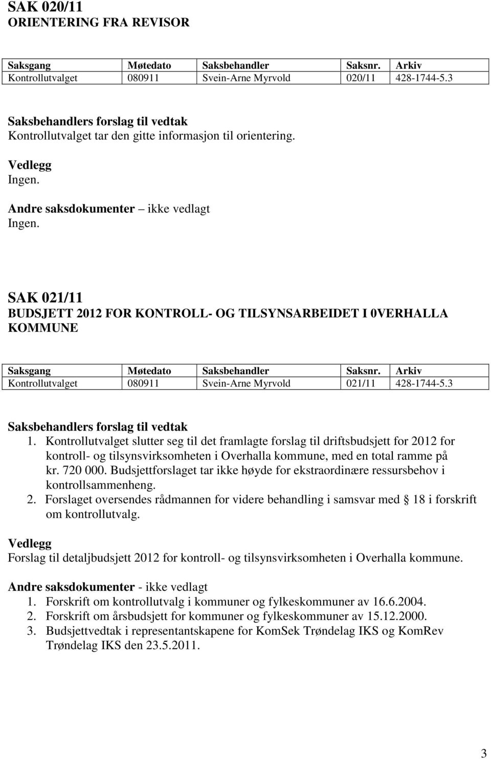 Kontrollutvalget slutter seg til det framlagte forslag til driftsbudsjett for 2012 for kontroll- og tilsynsvirksomheten i Overhalla kommune, med en total ramme på kr. 720 000.