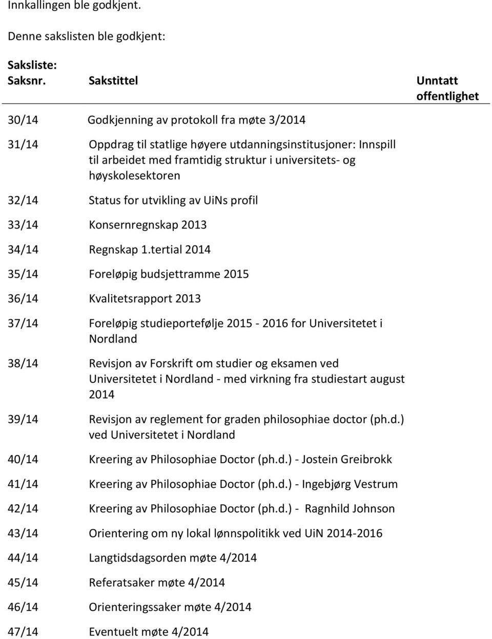 og høyskolesektoren 32/14 Status for utvikling av UiNs profil 33/14 Konsernregnskap 2013 34/14 Regnskap 1.