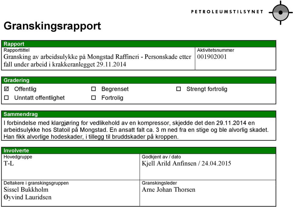 kompressor, skjedde det den 29.11.2014 en arbeidsulykke hos Statoil på Mongstad. En ansatt falt ca. 3 m ned fra en stige og ble alvorlig skadet.