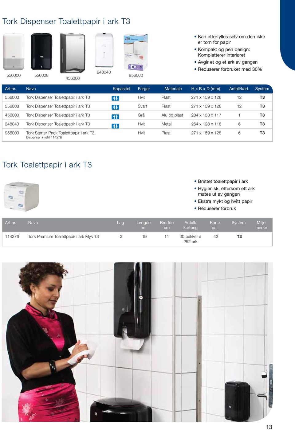 System 556000 Tork Dispenser Toalettpapir i ark T3 Hvit Plast 271 x 159 x 128 12 T3 556008 Tork Dispenser Toalettpapir i ark T3 Svart Plast 271 x 159 x 128 12 T3 456000 Tork Dispenser Toalettpapir i