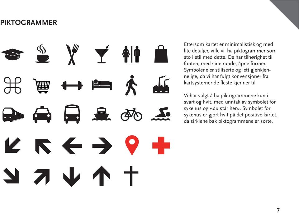 Symbolene er stiliserte og lett gjenkjennelige, da vi har fulgt konvensjoner fra kartsystemer de fleste kjenner til.