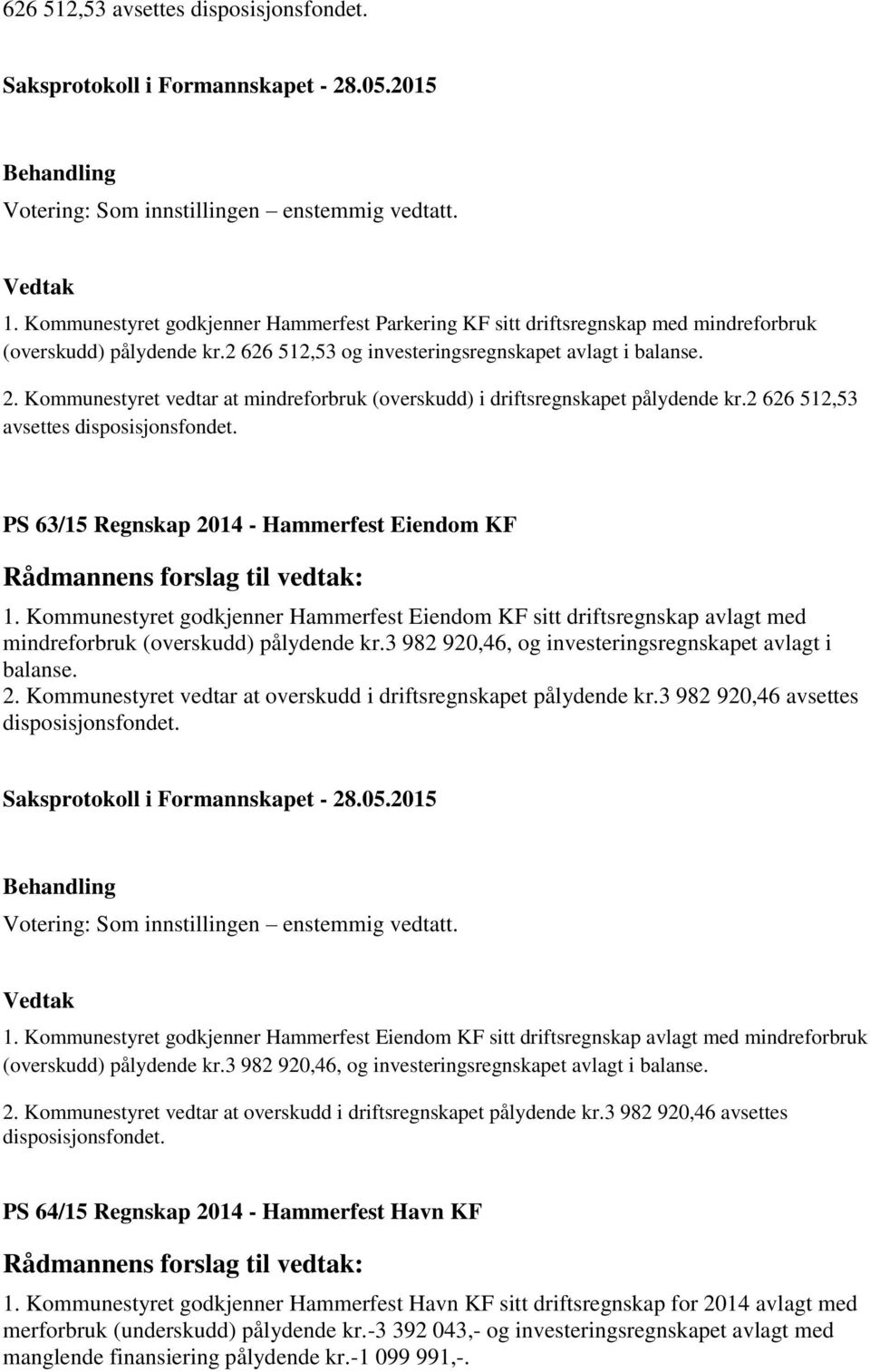 PS 63/15 Regnskap 2014 - Hammerfest Eiendom KF 1. Kommunestyret godkjenner Hammerfest Eiendom KF sitt driftsregnskap avlagt med mindreforbruk (overskudd) pålydende kr.