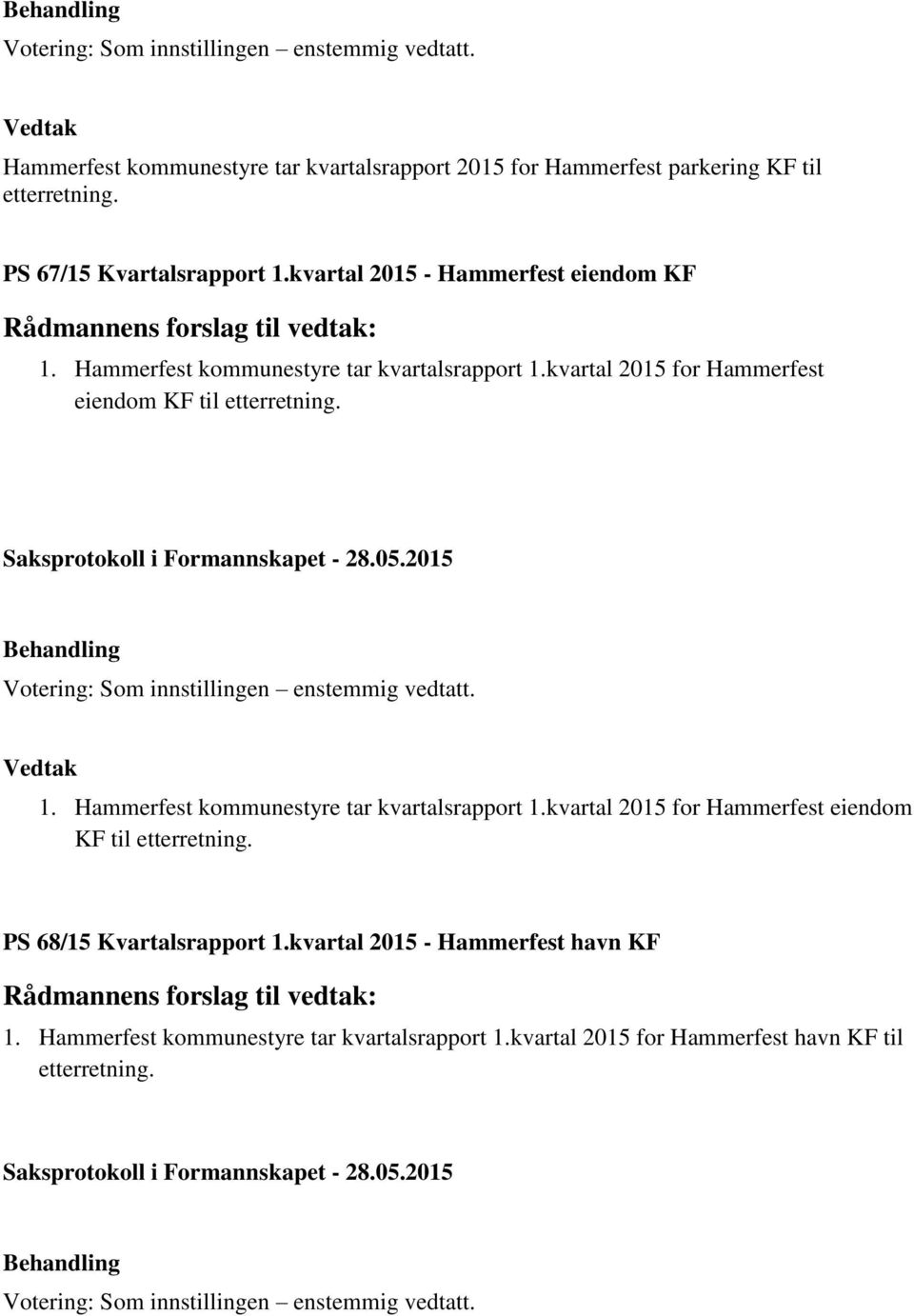 kvartal 2015 for Hammerfest eiendom KF til etterretning. 1. Hammerfest kommunestyre tar kvartalsrapport 1.