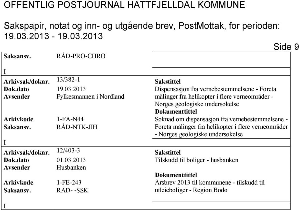 undersøkelse 1-FA-N44 øknad om dispensasjon fra vernebestemmelsene - RÅD-NTK-JH Foreta målinger fra helikopter i flere verneområder - Norges geologiske