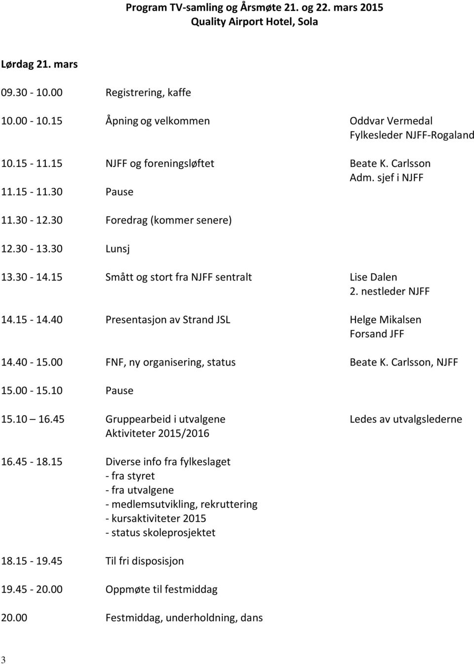 nestleder NJFF 14.15-14.40 Presentasjon av Strand JSL Helge Mikalsen Forsand JFF 14.40-15.00 FNF, ny organisering, status Beate K. Carlsson, NJFF 15.00-15.10 Pause 15.10 16.