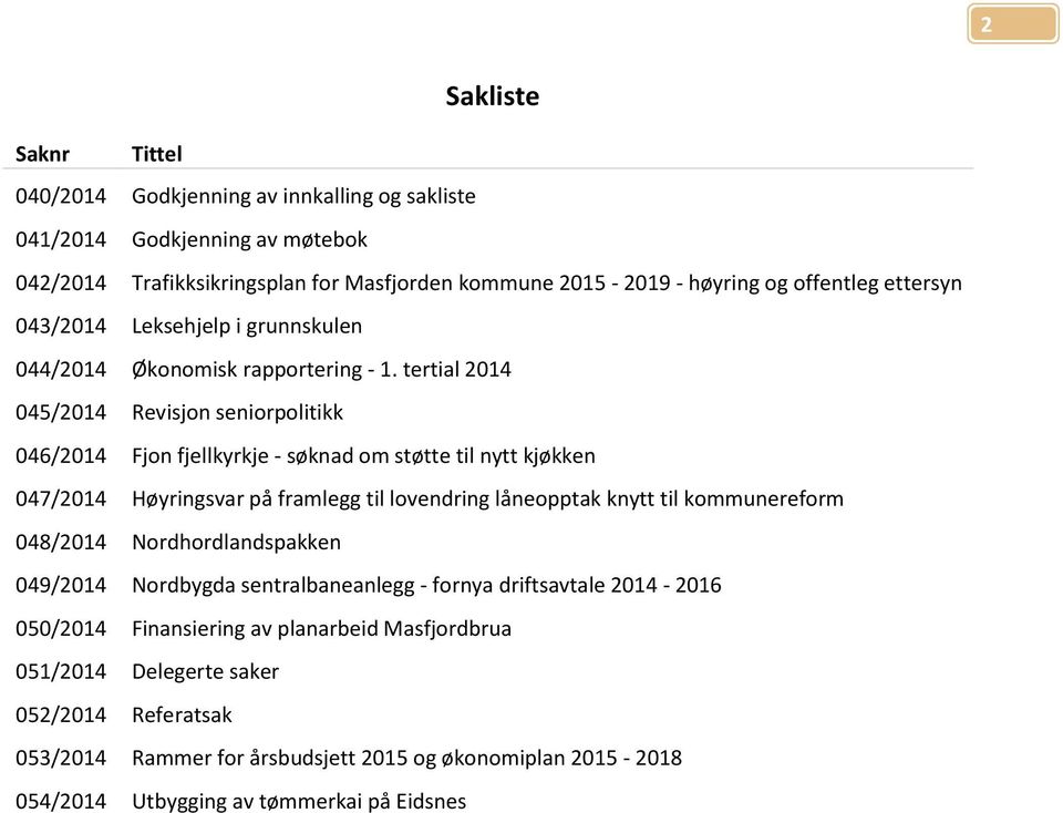 tertial 2014 045/2014 Revisjon seniorpolitikk 046/2014 Fjon fjellkyrkje - søknad om støtte til nytt kjøkken 047/2014 Høyringsvar på framlegg til lovendring låneopptak knytt til