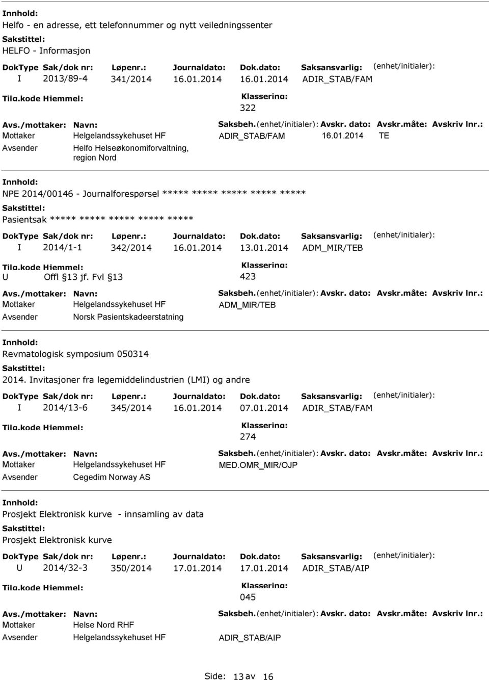 /mottaker: Navn: Saksbeh. Avskr. dato: Avskr.måte: Avskriv lnr.: ADM_MR/TEB Norsk Pasientskadeerstatning Revmatologisk symposium 050314 2014.