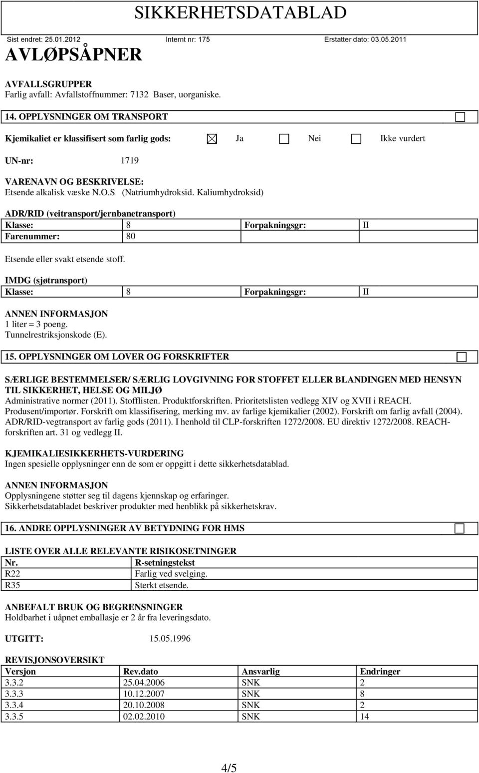 Kaliumhydroksid) ADR/RID (veitransport/jernbanetransport) Klasse: 8 Forpakningsgr: II Farenummer: 80 Etsende eller svakt etsende stoff.