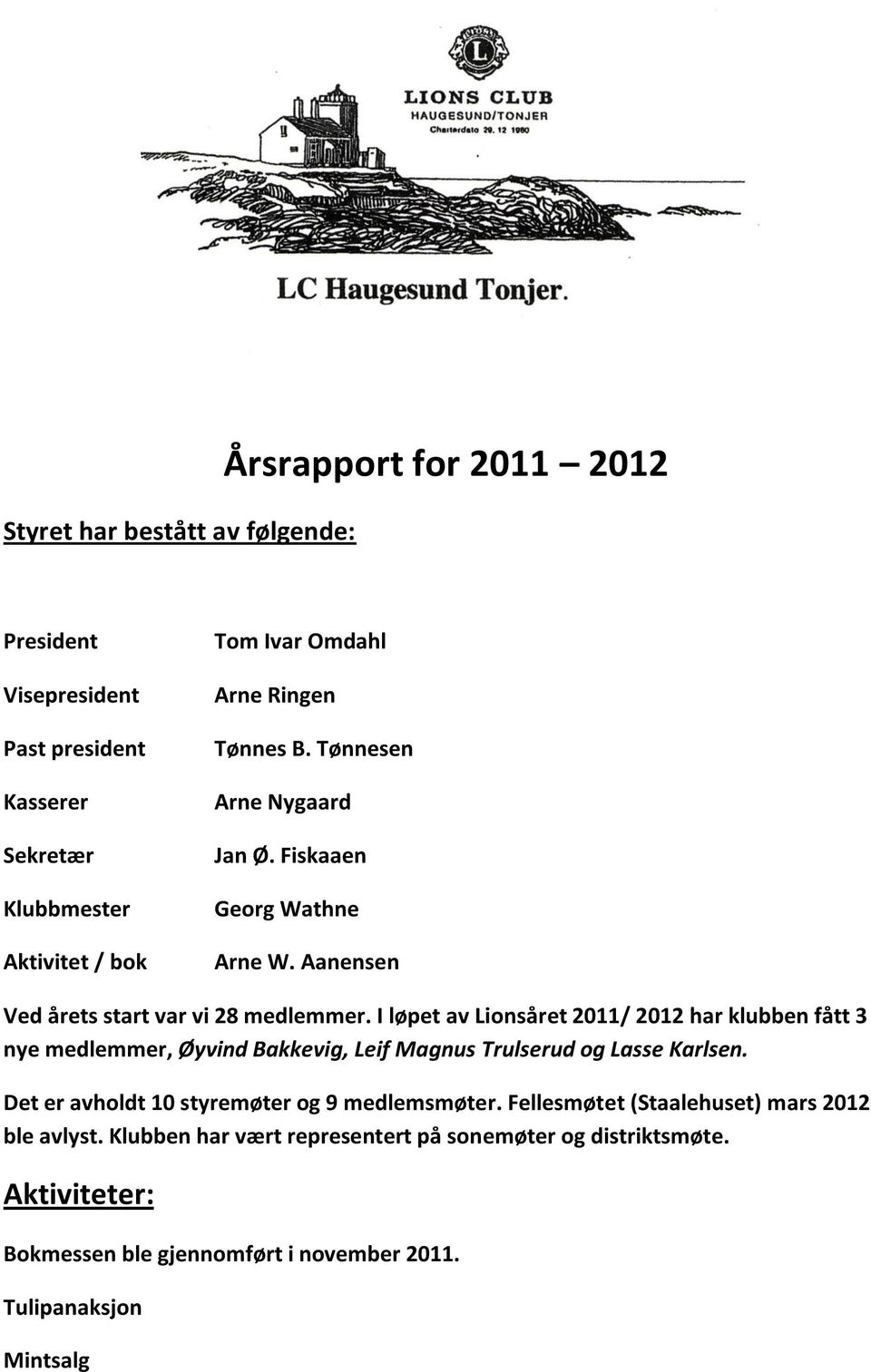 I løpet av Lionsåret 2011/ 2012 har klubben fått 3 nye medlemmer, Øyvind Bakkevig, Leif Magnus Trulserud og Lasse Karlsen.