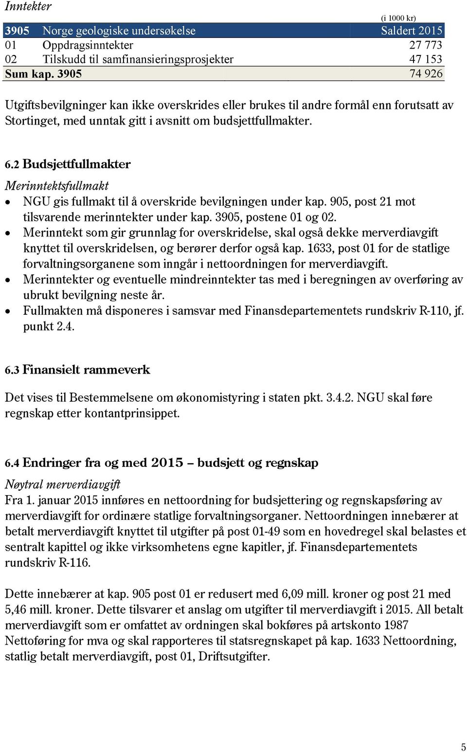 2 Budsjettfullmakter Merinntektsfullmakt NGU gis fullmakt til å overskride bevilgningen under kap. 905, post 21 mot tilsvarende merinntekter under kap. 3905, postene 01 og 02.