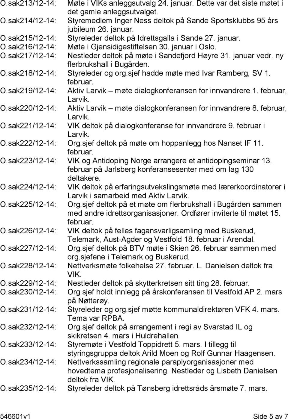 januar vedr. ny flerbrukshall i Bugården. O.sak218/12-14: Styreleder og org.sjef hadde møte med Ivar Ramberg, SV 1. februar. O.sak219/12-14: Aktiv Larvik møte dialogkonferansen for innvandrere 1.