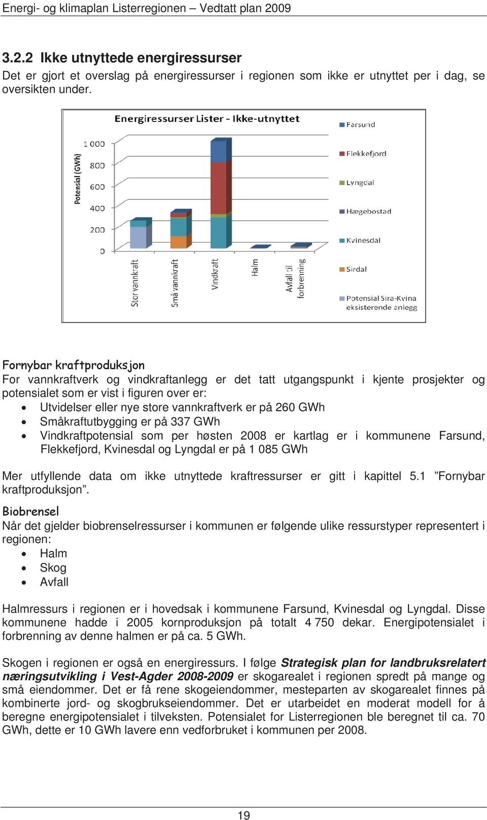 260 GWh Småkraftutbygging er på 337 GWh Vindkraftpotensial som per høsten 2008 er kartlag er i kommunene Farsund, Flekkefjord, Kvinesdal og Lyngdal er på 1 085 GWh Mer utfyllende data om ikke