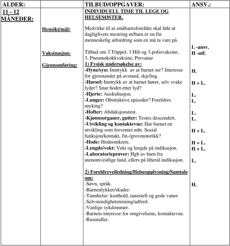 -Hørsel: Inntrykk av at barnet hører, selv svake lyder? Snur hodet etter lyd? -Hjerte: Auskultasjon. -Lunger: Obstruktive episoder? Foreldres røyking? -Hofter: Abduksjonstest.