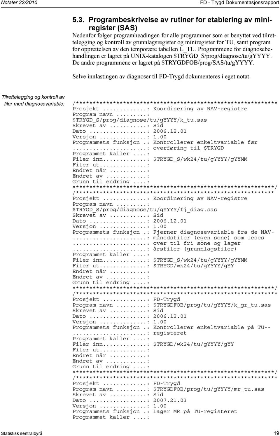 miniregister for TU, samt program for opprettelsen av den temporære tabellen L_TU. Programmene for diagnosebehandlingen er lagret på UNIX-katalogen $TRYGD_S/prog/diagnose/tu/gYYYY.