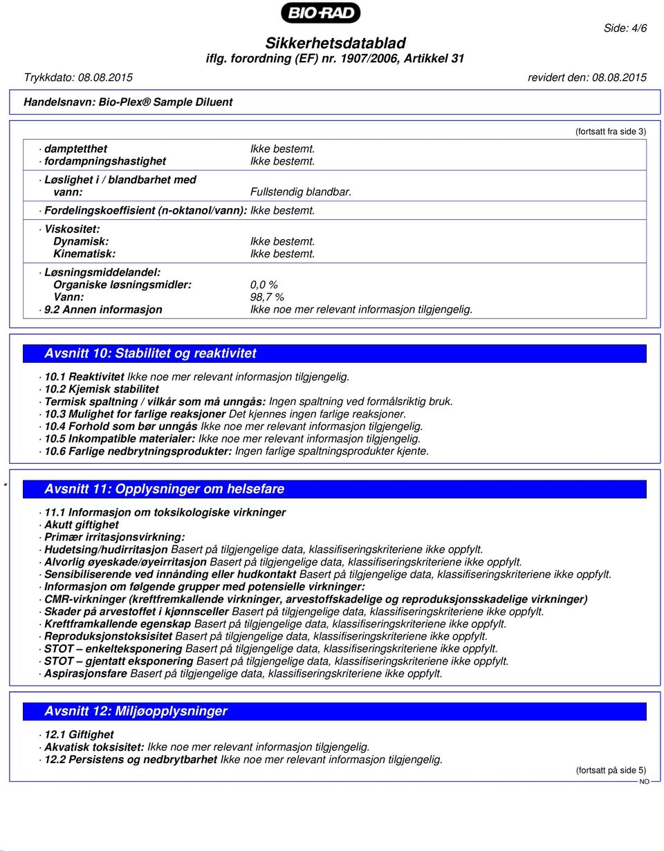 2 Annen informasjon Ikke noe mer relevant informasjon tilgjengelig. (fortsatt fra side 3) Avsnitt 10: