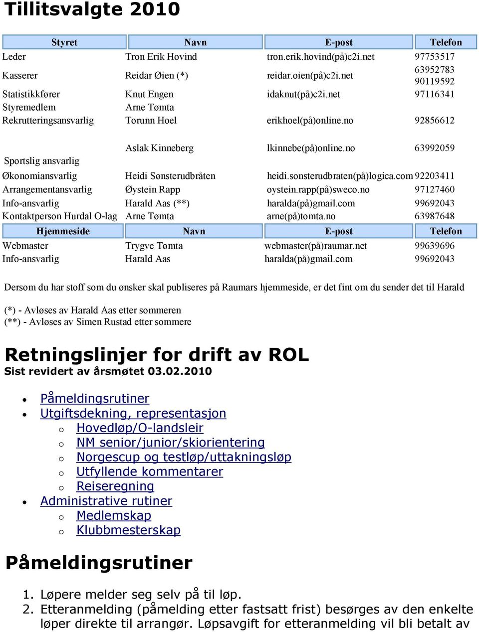 no 92856612 Sportslig ansvarlig Aslak Kinneberg lkinnebe(på)online.no 63992059 Økonomiansvarlig Heidi Sønsterudbråten heidi.sonsterudbraten(på)logica.