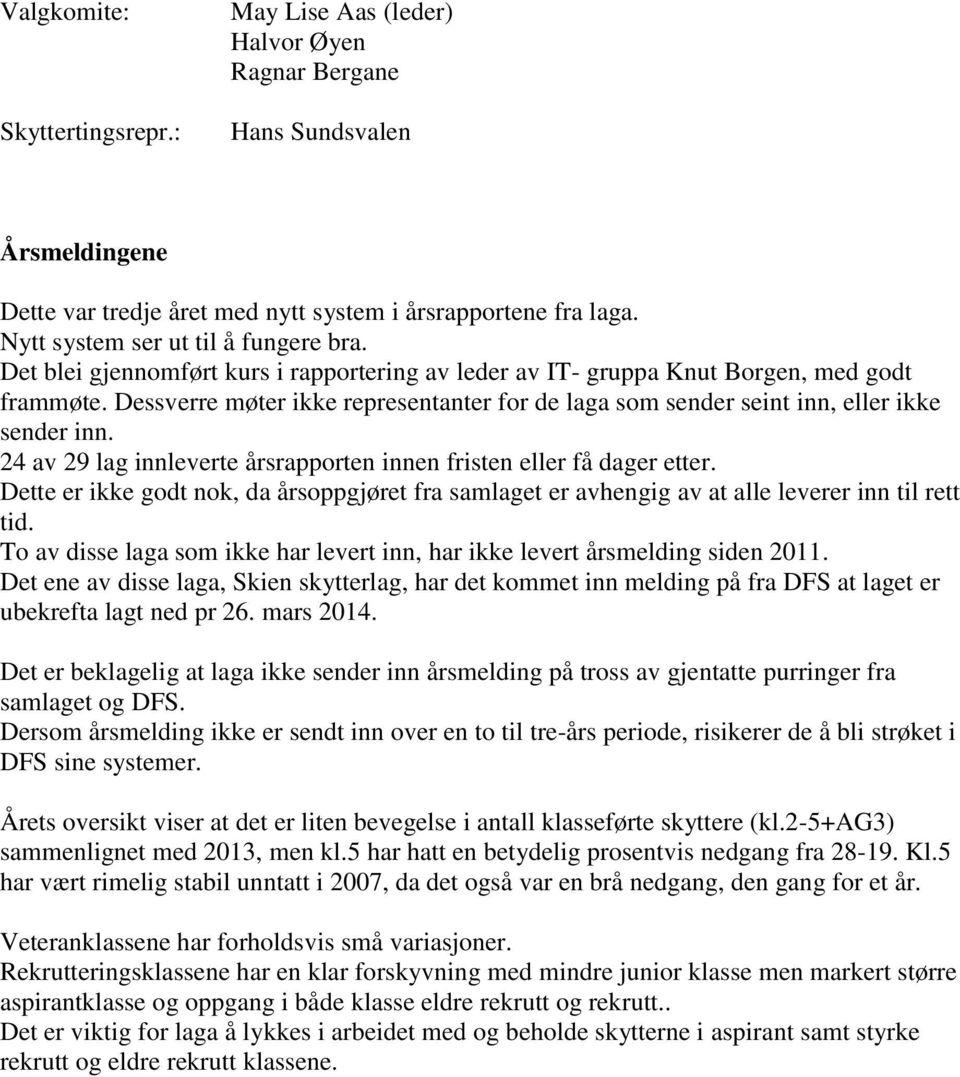 Dessverre møter ikke representanter for de laga som sender seint inn, eller ikke sender inn. 24 av 29 lag innleverte årsrapporten innen fristen eller få dager etter.