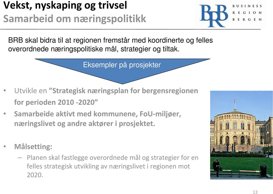 Eksempler på prosjekter Utvikle en Strategisk næringsplan for bergensregionen for perioden 2010 2020 Samarbeide aktivt med