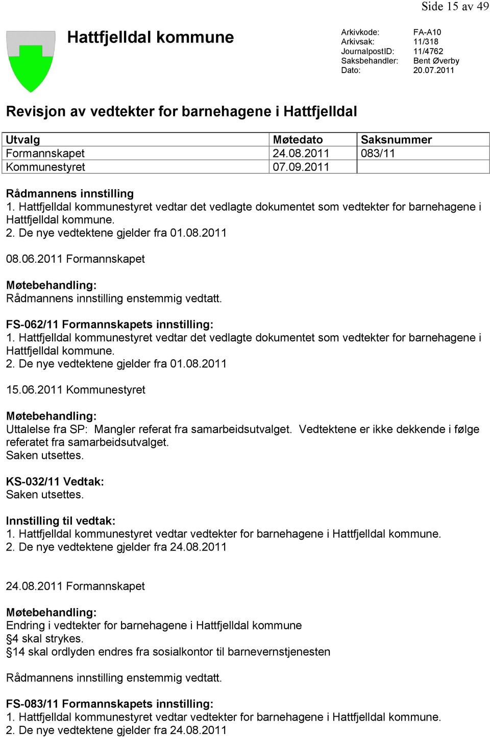 Hattfjelldal kommunestyret vedtar det vedlagte dokumentet som vedtekter for barnehagene i Hattfjelldal kommune. 2. De nye vedtektene gjelder fra 01.08.2011 08.06.