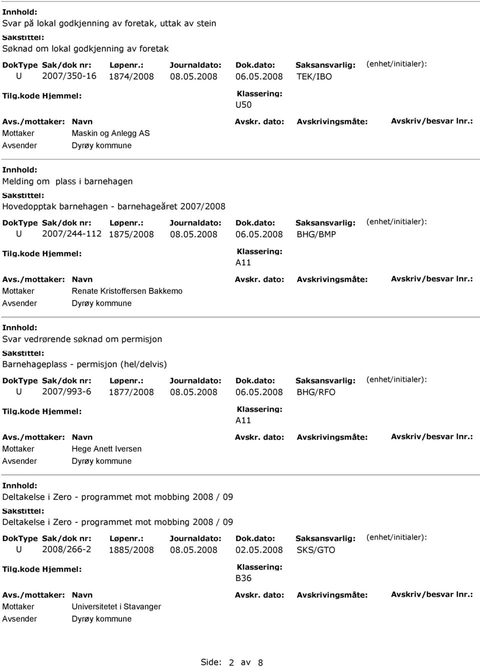 vedrørende søknad om permisjon Barnehageplass - permisjon (hel/delvis) 2007/993-6 1877/2008 BHG/RFO A11 Mottaker Hege Anett versen Deltakelse i Zero -