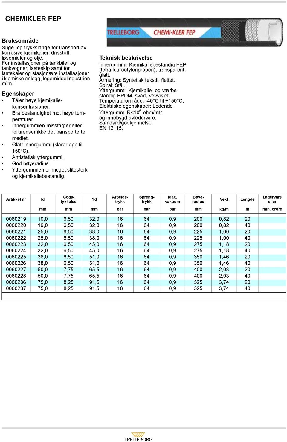 Bra bestandighet mot høye temperaturer. Innergummien missfarger forurenser ikke det transporterte mediet. Glatt innergummi (klarer opp til 150 C). Antistatisk yttergummi. God bøyeradius.