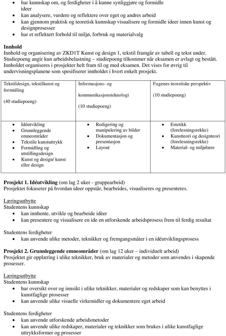 tekst under. Studiepoeng angir kun arbeidsbelastning studiepoeng tilkommer når eksamen er avlagt og bestått. Innholdet organiseres i prosjekter helt fram til og med eksamen.