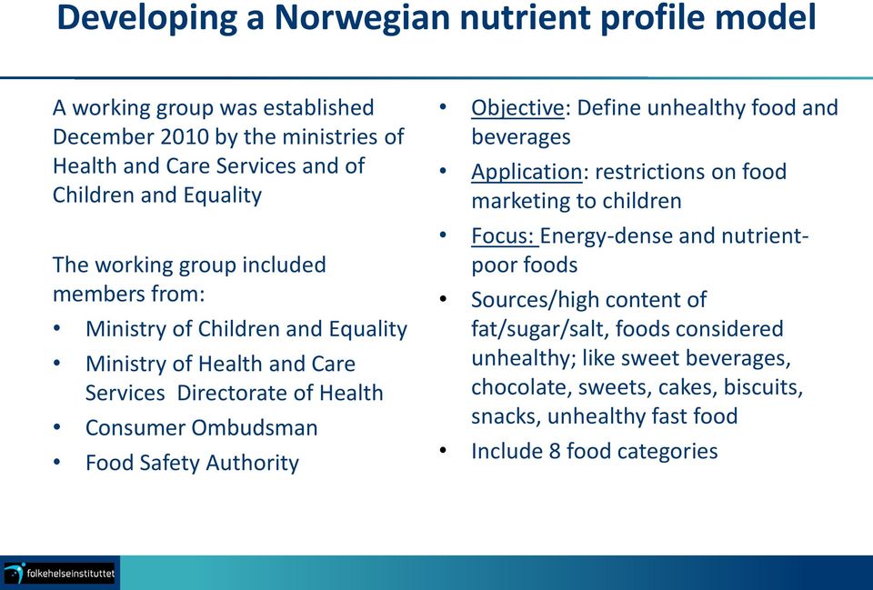 Authority Objective: Define unhealthy food and beverages Application: restrictions on food marketing to children Focus: Energy-dense and nutrientpoor foods