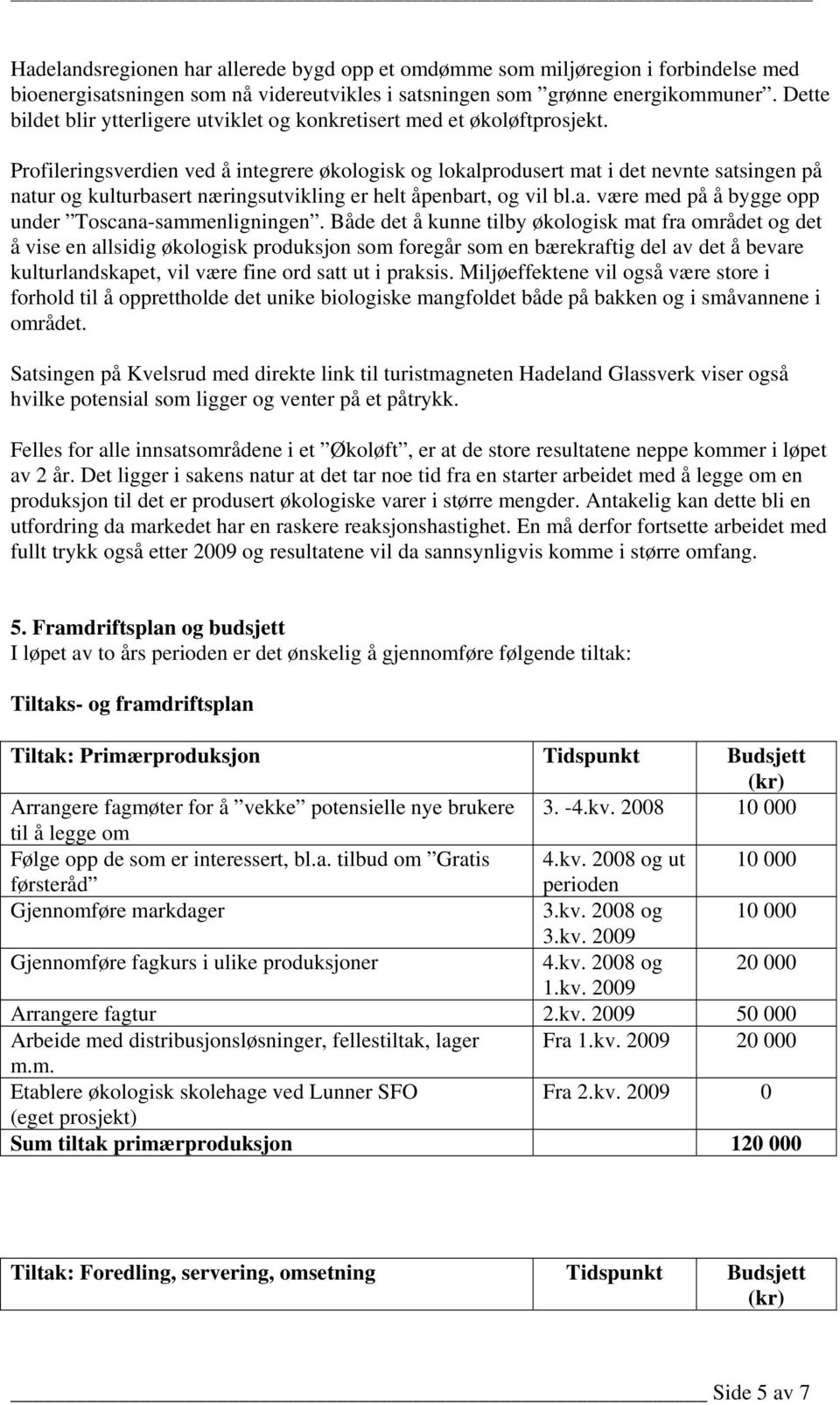 Profileringsverdien ved å integrere økologisk og lokalprodusert mat i det nevnte satsingen på natur og kulturbasert næringsutvikling er helt åpenbart, og vil bl.a. være med på å bygge opp under Toscana-sammenligningen.