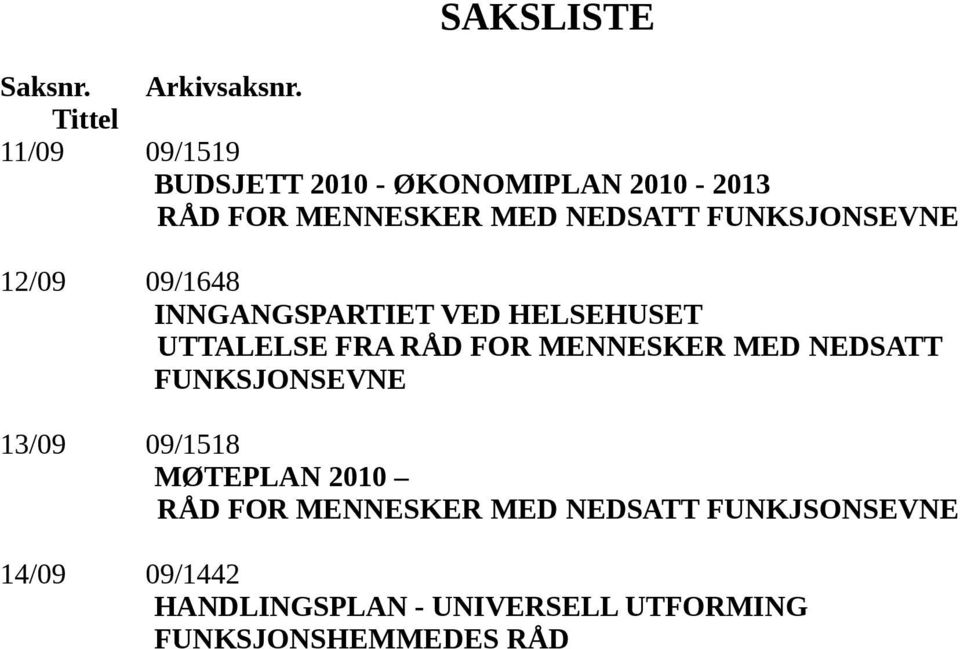 FUNKSJONSEVNE 12/09 09/1648 INNGANGSPARTIET VED HELSEHUSET UTTALELSE FRA RÅD FOR MENNESKER MED