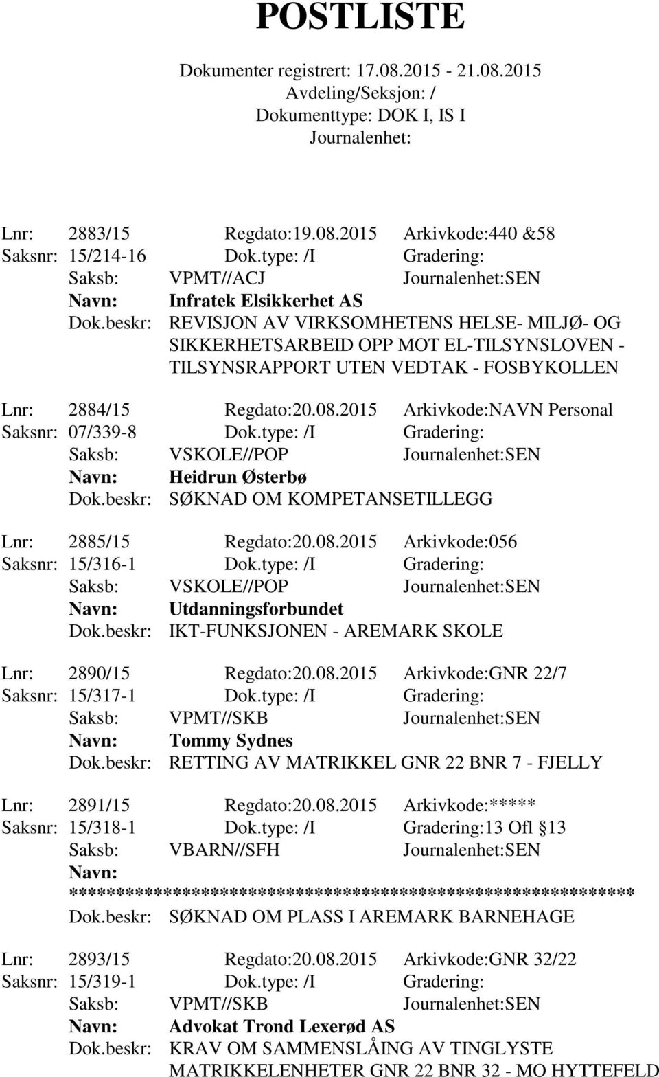 beskr: IKT-FUNKSJONEN - AREMARK SKOLE Lnr: 2890/15 Regdato:20.08.2015 Arkivkode:GNR 22/7 Saksnr: 15/317-1 Dok.type: /I Gradering: Saksb: VPMT//SKB SEN Tommy Sydnes Dok.