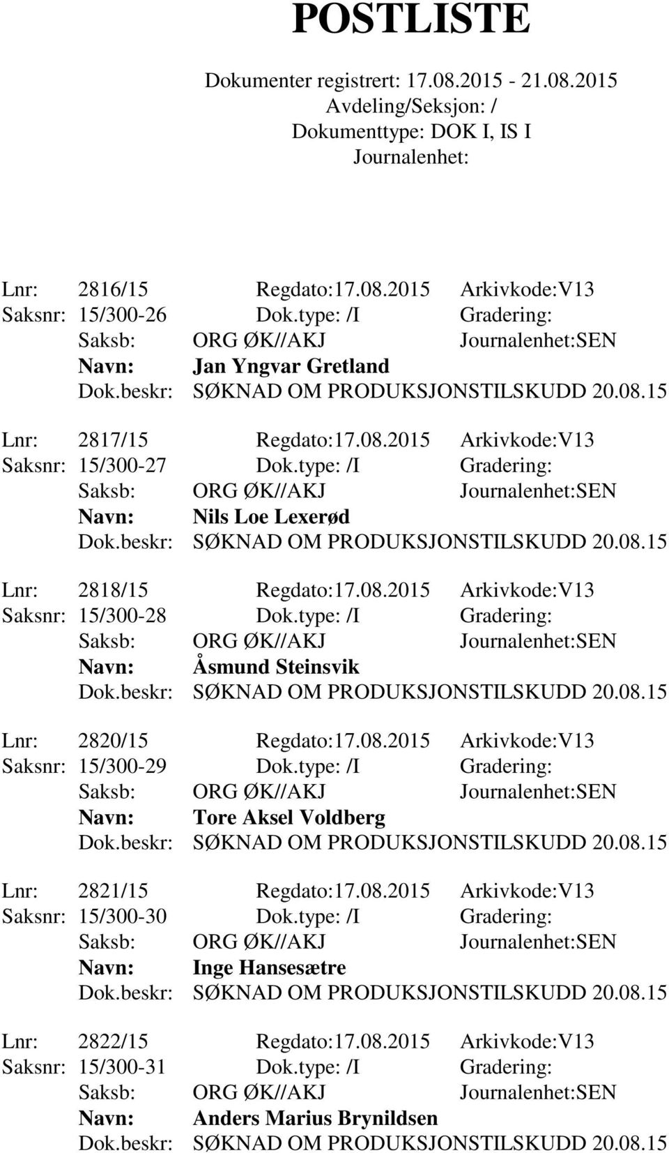 type: /I Gradering: Saksb: ORG ØK//AKJ SEN Åsmund Steinsvik Lnr: 2820/15 Regdato:17.08.2015 Arkivkode:V13 Saksnr: 15/300-29 Dok.