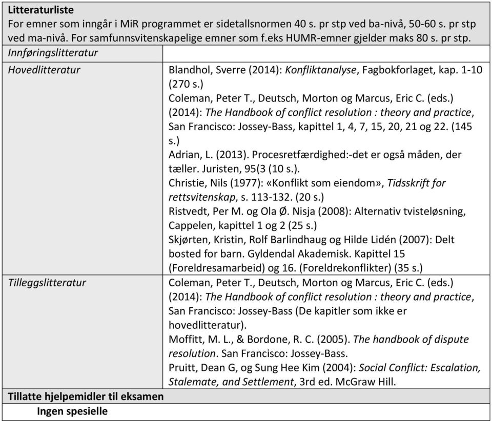 ) (2014): The Handbook of conflict resolution : theory and practice, San Francisco: Jossey-Bass, kapittel 1, 4, 7, 15, 20, 21 og 22. (145 s.) Adrian, L. (2013).