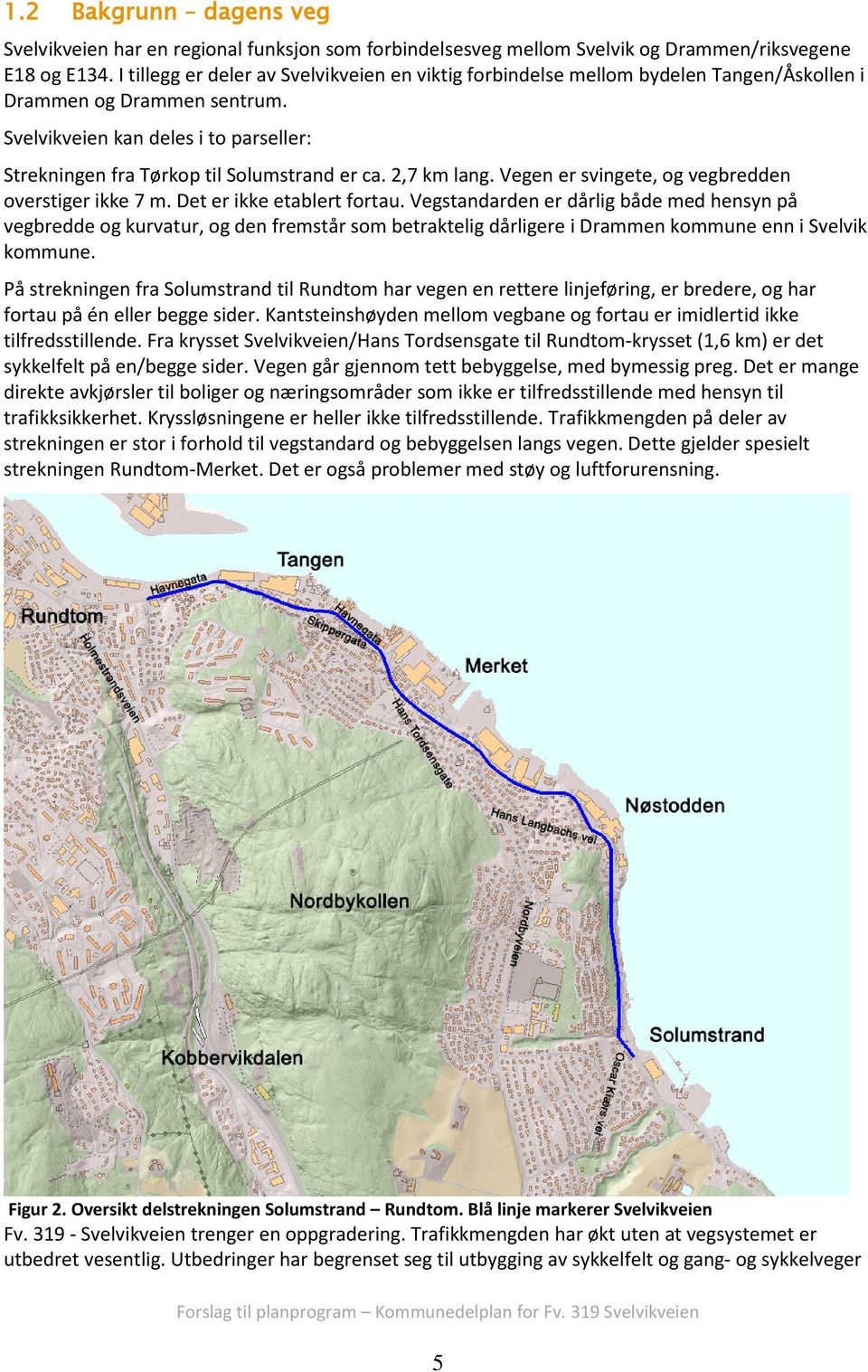Svelvikveien kan deles i to parseller: Strekningen fra Tørkop til Solumstrand er ca. 2,7 km lang. Vegen er svingete, og vegbredden overstiger ikke 7 m. Det er ikke etablert fortau.