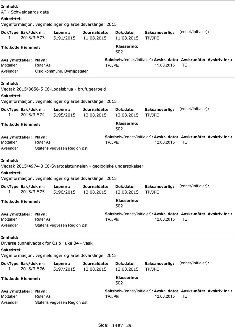 : TE Statens vegvesen Region øst Vedtak 2015/4974-3 E6-Svartdalstunnelen - geologiske undersøkelser 2015/3-575 5196/2015 Avs./mottaker: Navn: Saksbeh. Avskr. dato: Avskr.