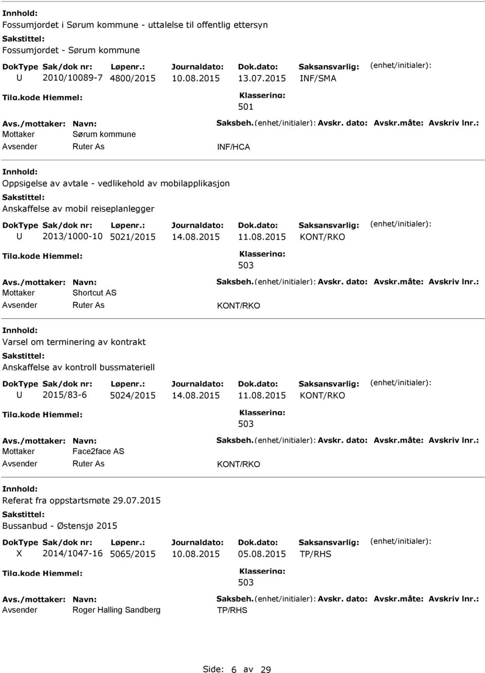 Avskr. dato: Avskr.måte: Avskriv lnr.: Shortcut AS KONT/RKO Varsel om terminering av kontrakt Anskaffelse av kontroll bussmateriell 2015/83-6 4/2015 KONT/RKO 503 Avs./mottaker: Navn: Saksbeh. Avskr. dato: Avskr.måte: Avskriv lnr.: Face2face AS KONT/RKO Referat fra oppstartsmøte 29.