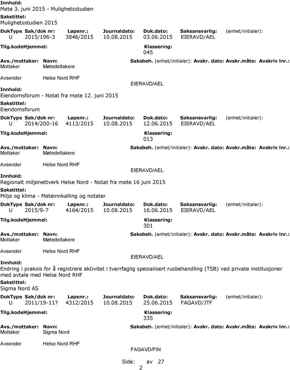 2015 EIERAVD/AEL Møtedeltakere 013 EIERAVD/AEL Regionalt miljønettverk Helse Nord - Notat fra møte 16 juni 2015 Miljø og klima - Møteinnkalling og notater U 2015/9-7 4164/2015 10.