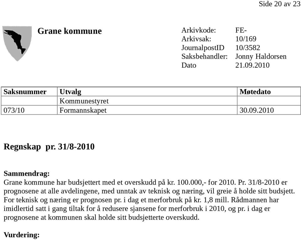 000,- for 2010. Pr. 31/8-2010 er prognosene at alle avdelingene, med unntak av teknisk og næring, vil greie å holde sitt budsjett. For teknisk og næring er prognosen pr.