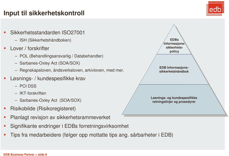 Løsnings- / kundespesifikke krav PCI DSS IKT-forskriften Sarbanes-Oxley Act (SOA/SOX) Risikobilde (Risikoregisteret) Planlagt revisjon av sikkerhetsrammeverket Signifikante endringer i EDBs