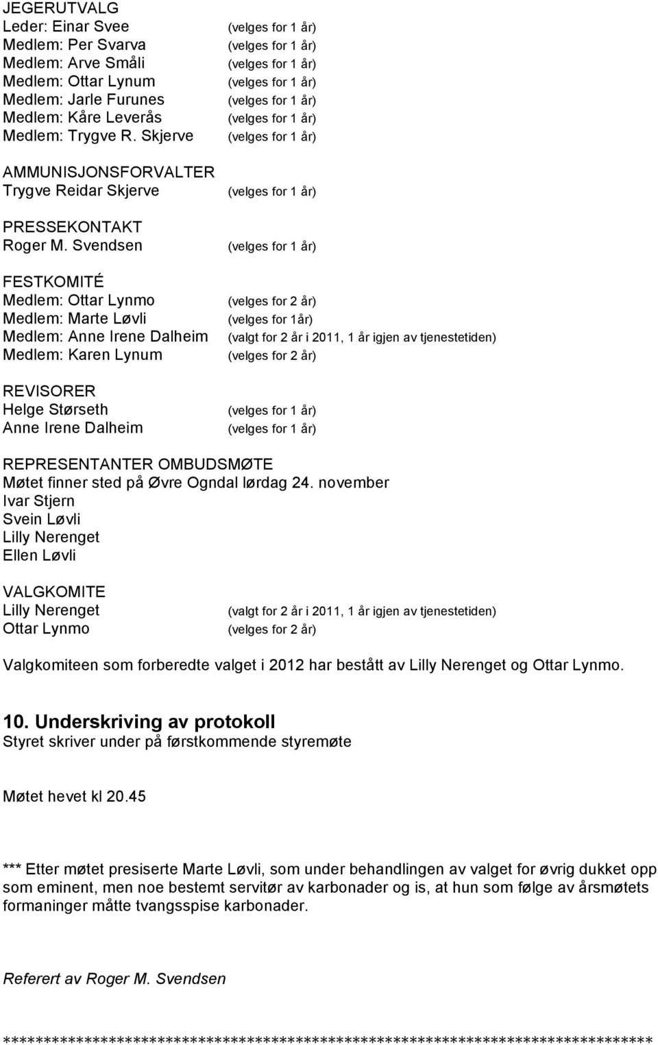 Svendsen FESTKOMITÉ Medlem: Ottar Lynmo Medlem: Marte Løvli Medlem: Anne Irene Dalheim Medlem: Karen Lynum REVISORER Helge Størseth Anne Irene Dalheim (velges for 2 år) (velges for 1år) (velges for 2