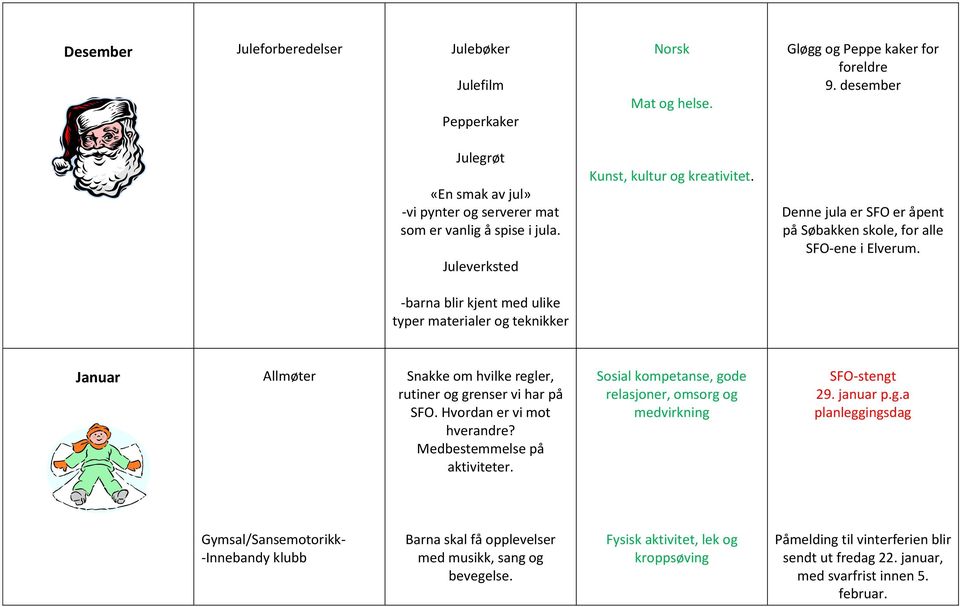 desember Denne jula er SFO er åpent på Søbakken skole, for alle SFO-ene i Elverum. Januar Allmøter Snakke om hvilke regler, rutiner og grenser vi har på SFO. Hvordan er vi mot hverandre?