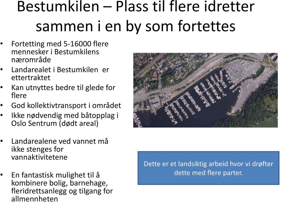 båtopplag i Oslo Sentrum (dødt areal) Landarealene ved vannet må ikke stenges for vannaktivitetene En fantastisk mulighet til å